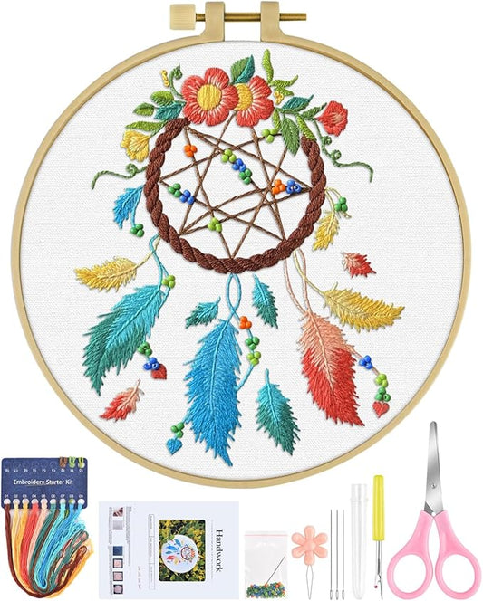 ERKOON Embroidery Kit for Beginners, Flower Cross Stitch Set for Include Embroidery Cloth Hoops Threads for Craft Lover Hand Stitch with Embroidery Skill Techniques (Dreamcatcher)