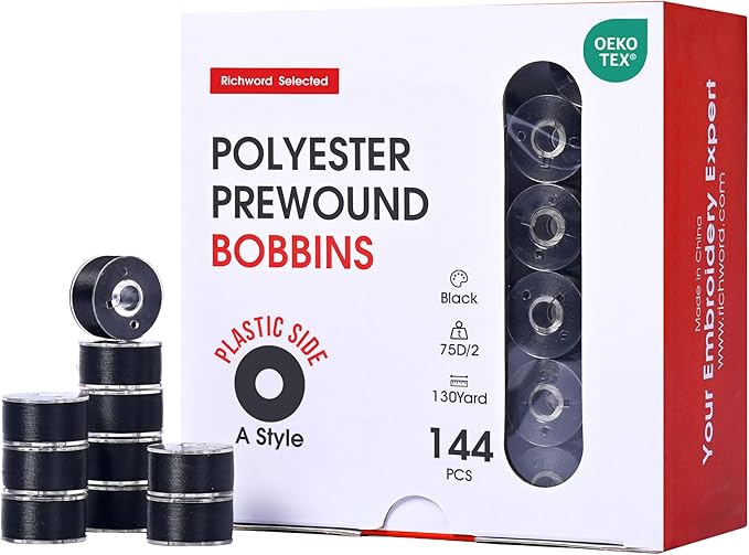 Poolin Prewound Bobbins Richword Selected 144pcs, Size A (Class 15 / SA156), 75D Polyester Bobbin Thread, Plastic Sided, for Single Needle Embroidery & Sewing Machines, Black