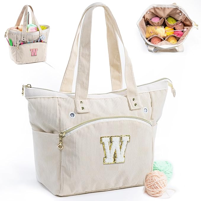 Initial Personalized Crochet Tote - Corduroy Yarn Storage Holder - Organizer for Hooks, Accessories - Project Knitting Bag - Crochet Lover Gift