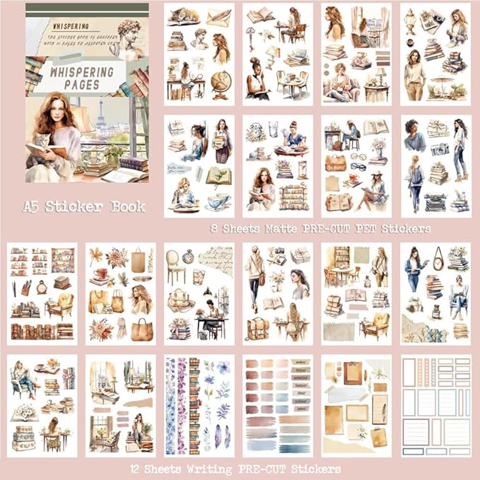 Dwpetzo Whispering Pages Reading Pre-Cut Journal Sticker Book for Junk Journaling, PET and Writing Paper Dual Materials, Collage Stickers for Scrapbooking Supplies, Planner, Bujo, A5, 20 Sheets