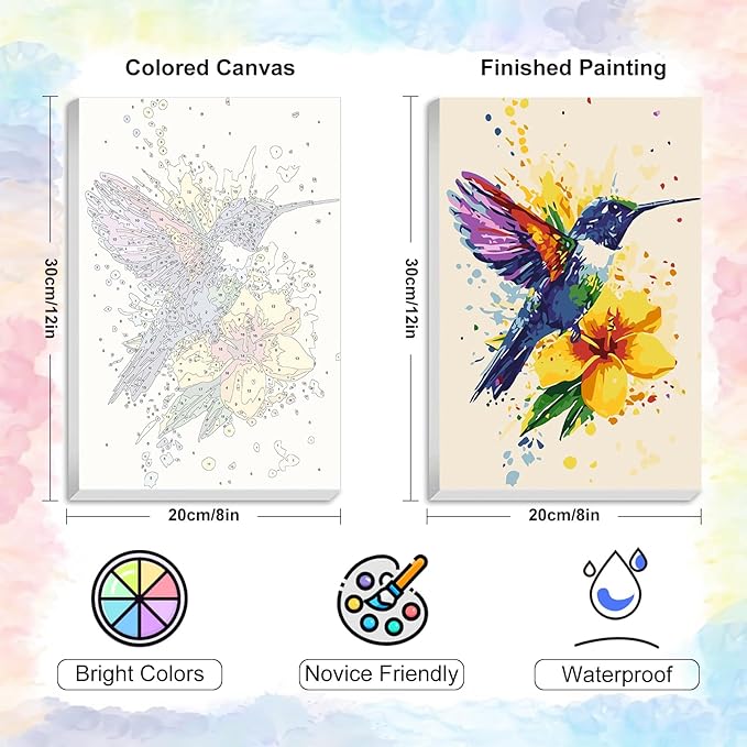 Framed Paint by Numbers Kit for Adults Beginner & Kids Ages 8-12, Hummingbird Paint by Numbers With Frame, DIY Watercolor Number Painting for Adults Hummingbird for Home Wall Decor Gift 8x 12 inch