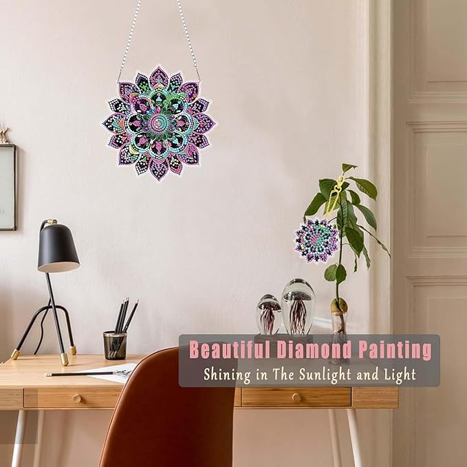 Masendp Mandala Pattern Diamond Painting Hanging Decor Kit, DIY Special-Shaped Rhinestone Window Hanging Kit, Suitable for Home and Garden Wall Decoration Gifts