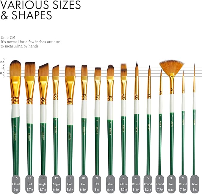 18 Piece Paint Brush Set, ARTIFY 15 Acrylic Paint Brushes, Palette Knife, and 2 Sponges, Professional Artist Paint Brushes for Acrylics, Watercolors, Gouache, Canvas, and Face Painting, Green