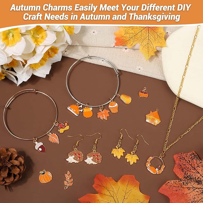 100Pcs 50 Pairs Fall Charms for Jewelry Making and Bracelets, Thanksgiving Autumn Charms Gold Enamel Jewelry Pendants for Earring Bracelet Necklace Crafts Making