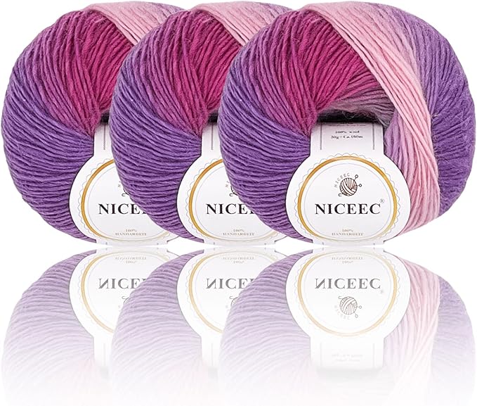 NICEEC 3 Skeins 100% Wool Rainbow Yarn Soft Gradient, Self-Striping, Colorful Single Ply Yarn for Crochet & Knitting - 12#