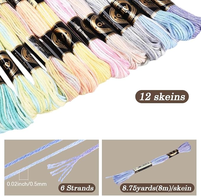 12 Skeins 105 Yards Colorful Embroidery Threads Cross Stitch Floss Polyester Friendship Yarn Rainbow 6 Ply Embroidered String for Sewing Making Bracelets Clothes Stitching Decor Craft DIY