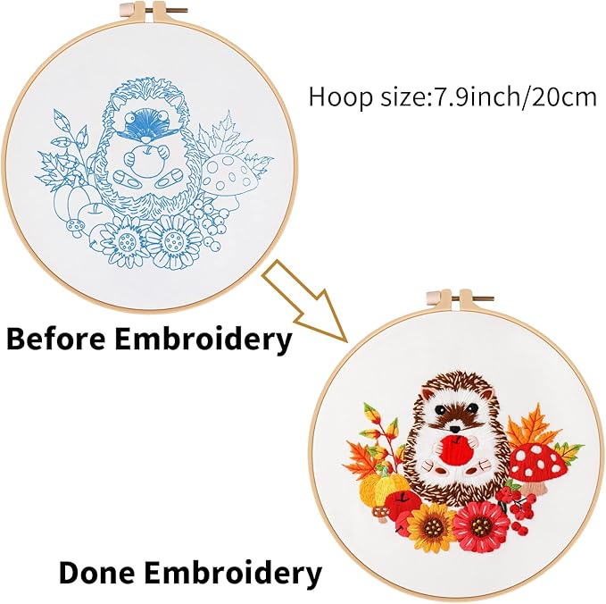 Louise Maelys Animal Embroidery Kits for Beginners with Autumn Hedgehog Pattern,Adults Starter Cross Stitch Kit DIY Needlepoint