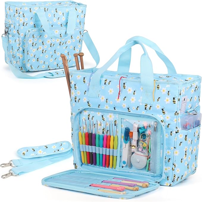Yarn Storage Organizer Travel Crochet Bag, Large Capacity Tote Bag Knitting Bag for Carrying Projects, Knitting Needles, Crochet Hooks and Yarn, Blue Floral and Bees