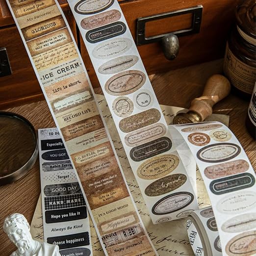 822pcs Small Vintage Motivational Quote Words Stickers Set, Ephemera for Junk Journal Supplies, 6 Rolls Decorative Tape Die Cut Stickers for Scrapbooking, Journaling, Arts Crafts, Collage
