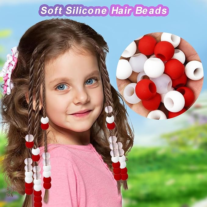 120Pcs 14mm Large Silicone Beads for Hair Braids, Soft Jellyish Hair Beads with 7mm Hole + 50 Rubber Bands and 1 Beader for Braiding, DIY Bracelets Necklaces Crafts(Red)
