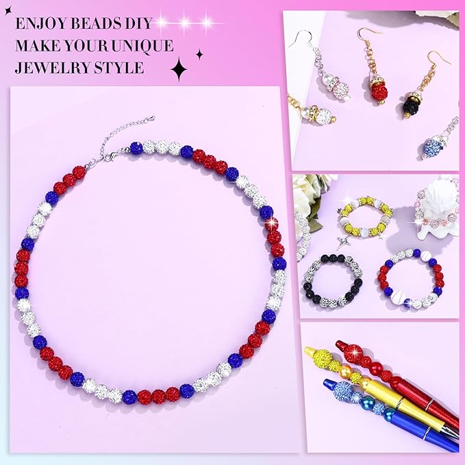 Dowarm 255PCS 10mm Rhinestone Beads for Baseball Rhinestone Necklace Bracelet Jewelry Making, Round Polymer Clay Beads for Crafts Beaded Pens, DIY Shamballa Pave Disco Diamond Bead, White|Red|Blue