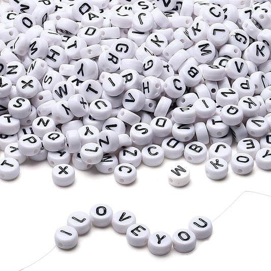 LAIDANLA 1500PCS Acrylic Letter Beads Alphabet Black Letters White Round Bead 7×4mm for Jewelry Bracelets Necklaces Key Chains Making