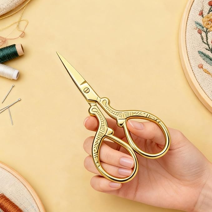 3 PCS Small Sharp Embroidery Scissors, Gold Stork Needlepoint Thread Snips with Cover, Yarn Scissors for Crocheting & Sewing