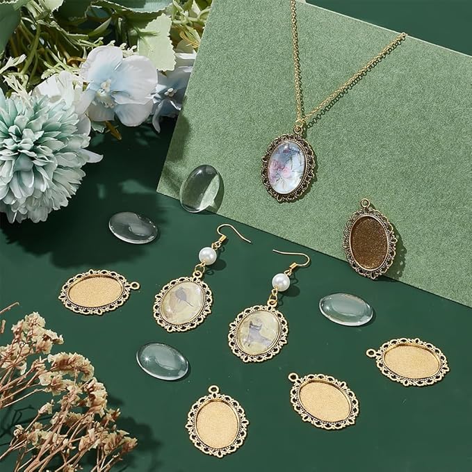 PH PandaHall 60pcs Gold Pendant Trays Kit, 30pcs Oval Blank Bezel Pendant Trays Base, 30pcs 25x18mm Glass Cabochon Dome Tiles for Bridal Wedding Bouquet Graduation Photo Charm Making DIY