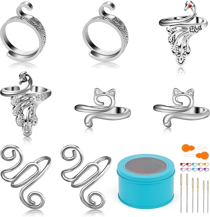8 Pcs Crochet Ring, Adjustable Crochet Ring for Finger, Tension Rings Cat Yarn Guide Yarn Knitting Thimble, Faster Knitting Crocheting Accessories for Mother Grandma
