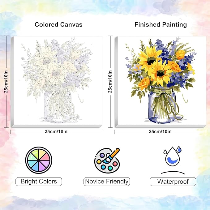 Yezavesu Flower Framed Paint by Numbers Kit for Adults Beginner & Kids Ages 8-12, Flowers Paint by Number Without Easel, DIY Adult Paint by Numbers Sunflower for Home Wall Decor Gift 10x 10 inch