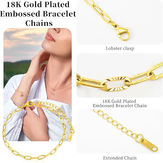 Wurosi 12PCS 18K Gold Plated Embossed Bracelet Chains 6.3Inch Gold Charm Bracelet Chains for Women DIY Jewelry Making