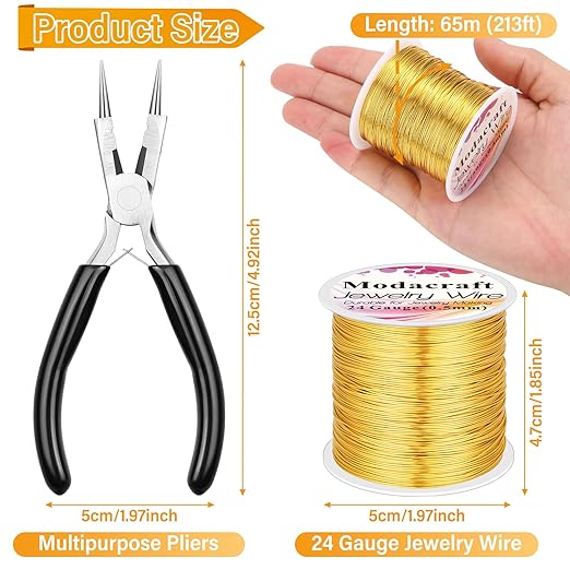 ModaCraft 24 Gauge Sweet Spot Jewelry Wire Gold (213ft/65m) + 4-in-1 Comfort Grip Pliers | Tarnish Proof Copper Craft Wire for Wire Wrapping, Beading & Charm Bracelets | Jewelry Making Starter Kit