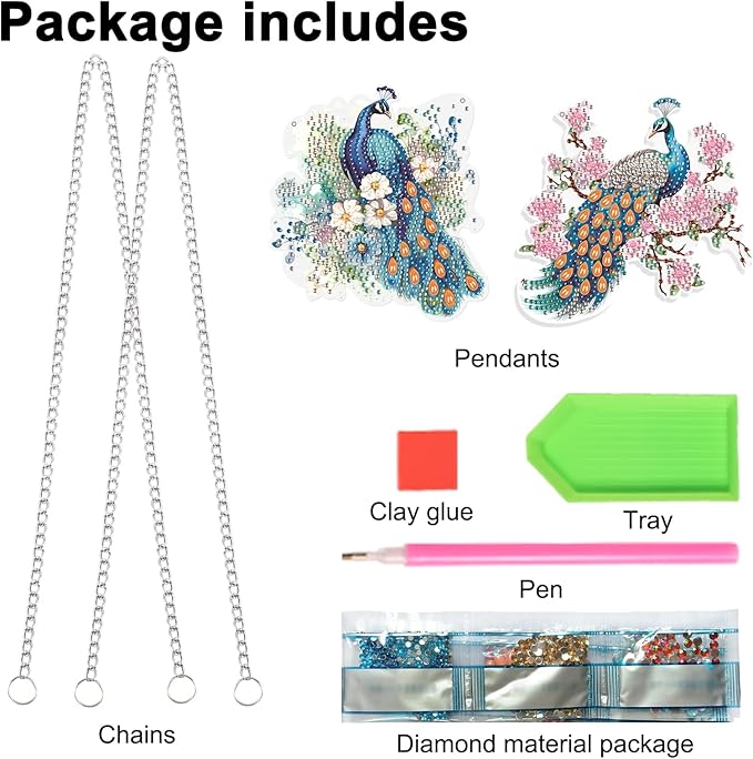 JISHSHAY 2 PCS Diamond Painting Pendant DIY Peacock Peafowl Diamond Art Wind Chimes Special Shaped Crystal Crystal Suncatcher Diamond Art Ornaments Diamond Painting Hanging for Garden Wall Door Window