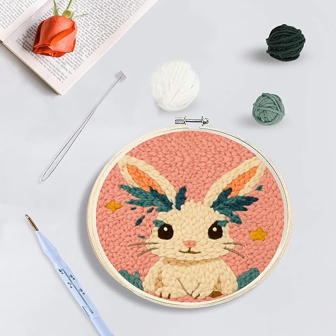QBQBQ 4 Sets Easter Punch Needle Kits Adults Beginner, Easter Embroidery Kit with Printed Pattern and Bamboo Hoop, Festival Gift and Decoration