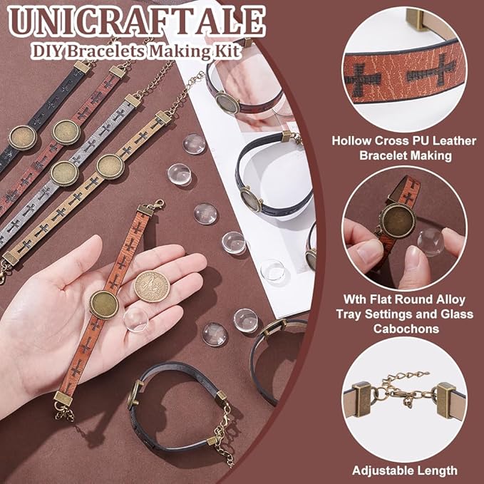 UNICRAFTALE 10Pcs 5 Colors Leather Bracelet Making Kit 18mm Tray Antique Bronze Adjustable Bracelet Hollow Cross PU Leather Bracelet with Flat Round Metal Tray Settings and Glass Cabochons for DIY