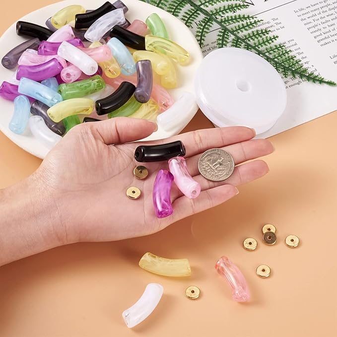 90Pcs Acrylic Chunky Tube Beads with Flat Round Brass Disc Spacer Beads & Elastic Crystal Thread, Imitation Gemstone Curved Tube Beads for Bamboo Bangles Bracelet Jewelry Making