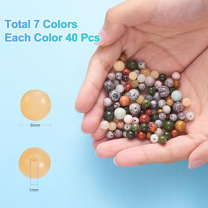 280 Pcs 7 Styles Natural Gem Beads Round Jasper Beads 6mm Mixed Bulk Beads Set Smooth Gem Spacer Bead Charm for Necklace Bracelet Jewelry Making (Hole 0.8~1mm) (6MM, 7 Colors Jasper Beads)