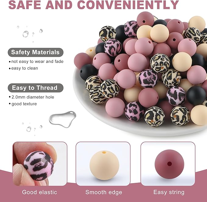 150Pcs Mixed Color 15mm Silicone Beads for Keychain Making, Beige Blush Leopard Print Silicone Beads for Pens and Bracelet Jewelry Making