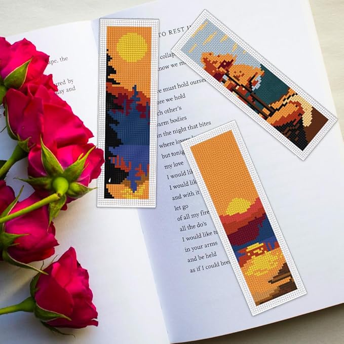 ORIGACH 6 Pcs Cross Stitch Bookmark Kit for Beginner Adults, Sunset Landscapes Stamped Embroidery Bookmark Kit with Instruction for Starters Printed Cross Stitch DIY Kits for Book Lovers
