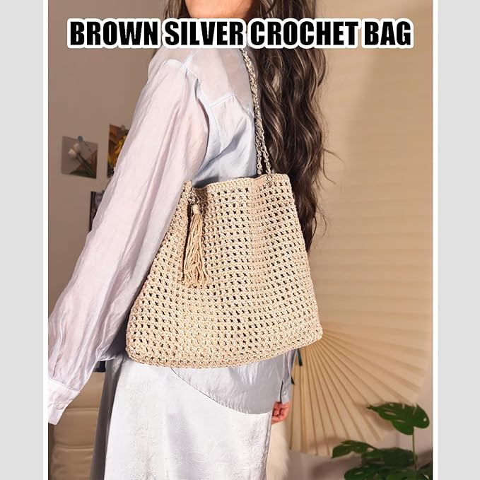 Herally Crochet Kit DIY for Beginners - Include Yarn, Hook and Accessory - with Step by Step Video Tutorials - Shining Tote Bag (Light Brown)