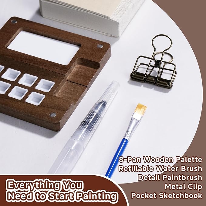 8-Well Mini Watercolor Palette Kit, Ultra-Portable Pocket Travel Paint Case with Water Brush, Hair Brush, Sketchbook & Clip, DIY Tiny Art Studio for Beginners