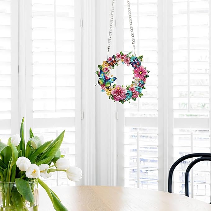 AiYuanzsh 5D DIY Diamond Art Hanging Pendant Kit, Wreath Flower Butterfly Diamond Painting Ornament DIY Special Shaped Crystal Pendant for Door Wall Window Home Xmas Valentine’s Day Gift