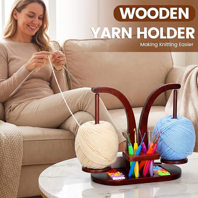 Yinkin Wooden Yarn Holder for Crocheting and Knitting, Magnetic Rotating Yarn Ball Holder with 2 Spindles and Crochet Hook, Stitch Markers for Knitting & Crocheting, DIY Lovers Crafts