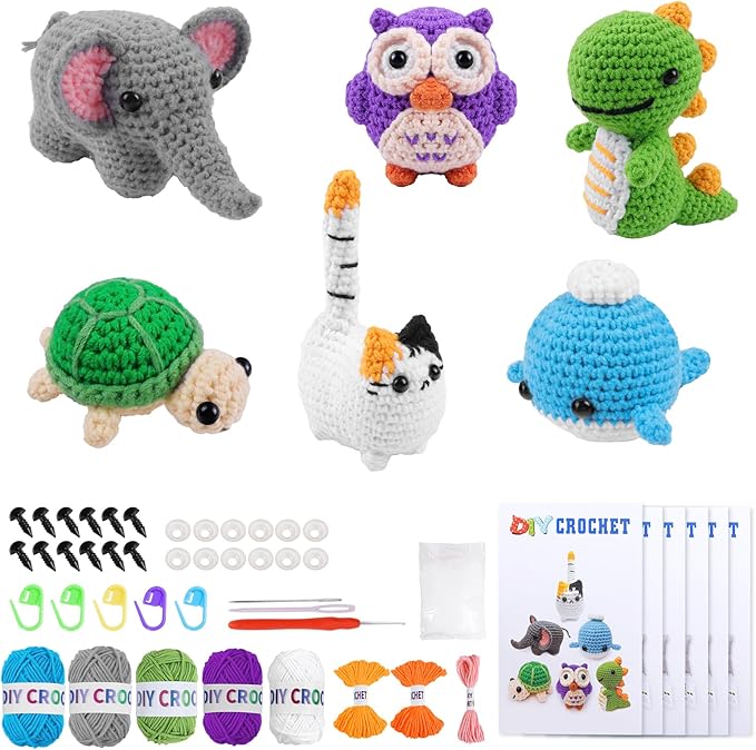 QYGYMXC 6PCS Crochet Kit for Beginners, Knitting Kit with Step-by-Step Video Tutorials, Beginner Crochet Kit for Adults, Crochet Animal Kit for Beginners Kids,Holyday Essentials