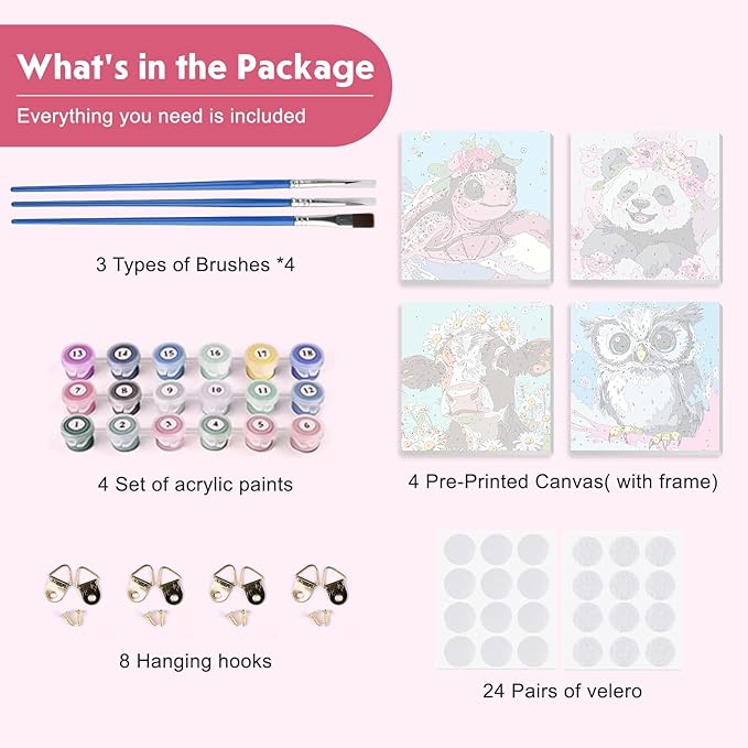 4 Pack Paint by Numbers for Kids with Wooden Framed, Watercolor Turtle, Cute panda, Owl, Cow, Paint by Number Kits on Canvas for Beginner, Acrylic Oil Painting Kits for Home Decor 8x8 inch, Animals