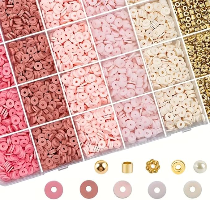 Believo Polymer Clay Beads Kit for DIY Jewelry with Elastic Cord, Colorful Flat Heishi Beads and Spacer Pieces – Ideal for Friendship Bracelet & Necklace Making (Pink)