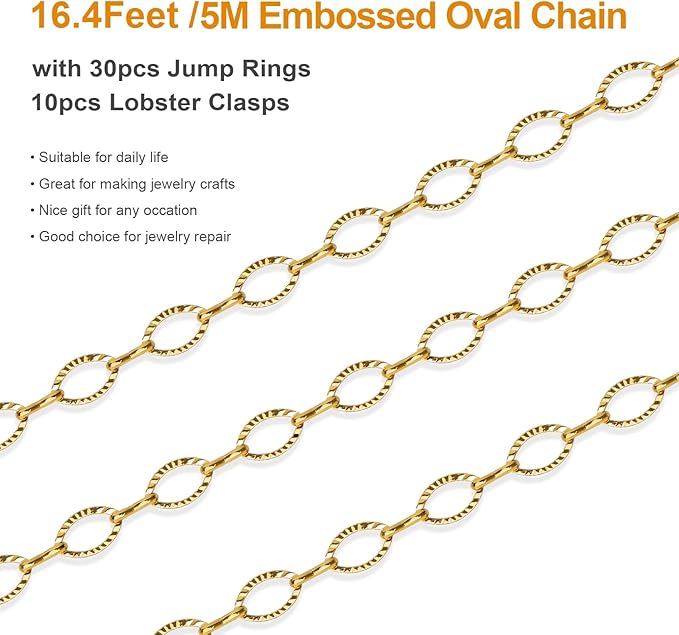 Kyutong 5 Meters Embossed Necklace Chains for Jewelry Making Gold Plated Stainless Steel Chain Roll on Spool Oval Links Jewelry Findings for Handcraft DIY