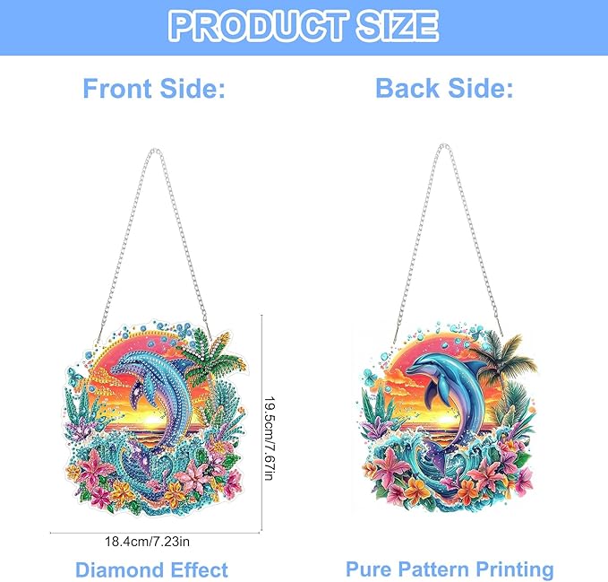 QENSPE Diamond Painting Art Hanging Kits for Adults, 5D Dolphin Diamond Paingting Ornaments with Chain, DIY Sunset & Flower Crystal Window Pendants for Home Wall Decor Double Sided Gift 8X8 inch