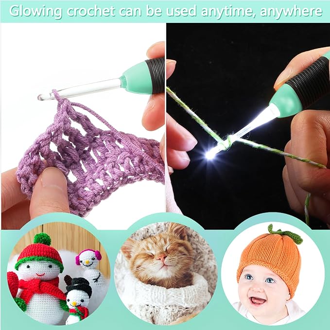 Chuangdi 9 Pieces Lighted Crochet Hooks with Case 9 Size LED Light Crochet Hooks Set Knitting Needles Craft Yarn Weaving Needles Comfortable Smooth Handle for Knitting, 2.5 mm-6.5 mm(Green)