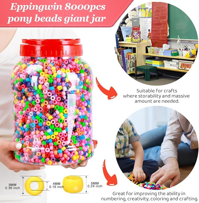 eppingwin 8000+pcs wholesale large pony beads (6x9 mm) bucket, easy storage kandi bead bulk, beads for jewelry making crafts (multi-colored)