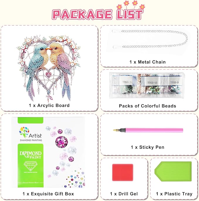 KEYIFA Bird Diamond Painting Kit, DIY Dreamcatcher Diamond Art for Adults, Diamonds Pendant Special Shaped Rhinestone Window Hanging Ornaments Home Garden Wall Door Decoration, 20cm Width