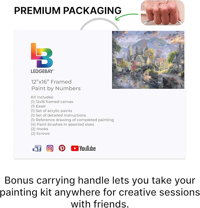 Ledgebay DIY Paint by Numbers Kit for Adults Framed Canvas: Beginner to Advanced Paint by Numbers Kit, Kits Include Acrylic Paint Set Brushes & Tabletop Easel (Mountain Village 12"x16" Framed)