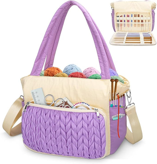DALINDA Crochet Bag Organizer,Yarn Bag and Tote- Yarn Storage with Multiple Pockets for Crochet Supplies, Knitting Bag for gifts,Portable & Durable(Brown)