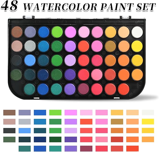 Watercolor Paint,watercolor paint set,48 Colors Washable Watercolor Paint Set With Brush, Refillable Water Brush Pen, Palette, and Water-Washable Paints for Adults Artist Beginner