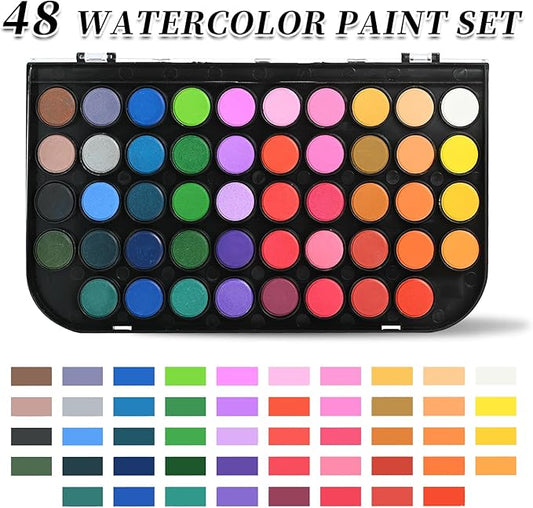 Watercolor Paint,watercolor paint set,48 Colors Washable Watercolor Paint Set With Brush, Refillable Water Brush Pen, Palette, and Water-Washable Paints for Adults Artist Beginner