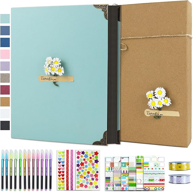 Vienrose DIY Scrapbook Photo Album Kit with Pens Tapes and Stickers 60 Pages Hardcover 8.5x11 Inches 3 Rings Removable Black Paper Scrapbooking for Lover Friends Kids Wedding Green