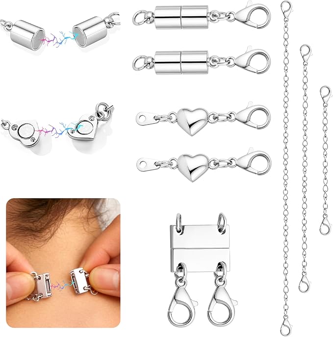 KRFY Extra Strong Magnetic Necklace Clasps and Closures, Necklaces Separator for Layering Stacks, Necklace Chain Extenders for Women, Magnet Detangler Clasp Jewelry Bracelet 8Pcs Silver Color