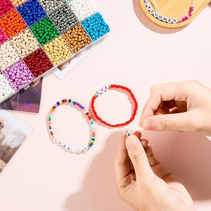 Goldwise Friendship Bracelet Kit 3 Boxes-8706 Pcs 48 Colors Bracelet Making Kits with Glass Seed, 5 Styles Letter and Number Beads with Charms, Gift Party