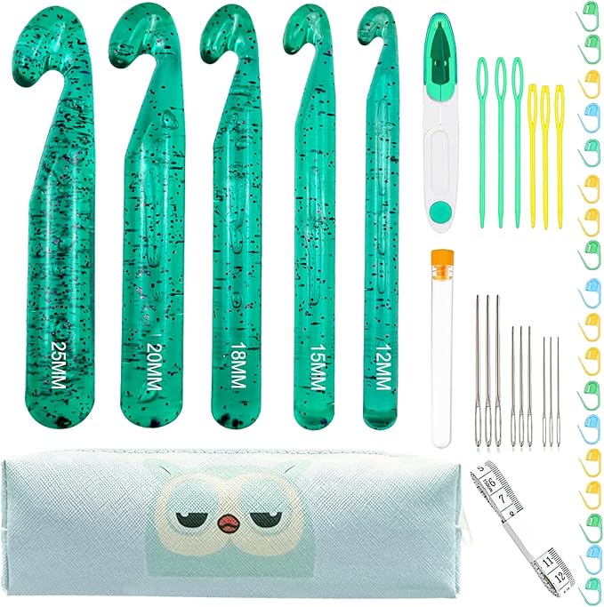 43 Pcs Large Crochet Hooks Set,12mm 15mm 18mm 20mm 25mm Large Crochet Hooks for Chunky Yarn,Plastic Crystal Smooth Big Crochet Needles for Handmade DIY Crochet with Storage Bag