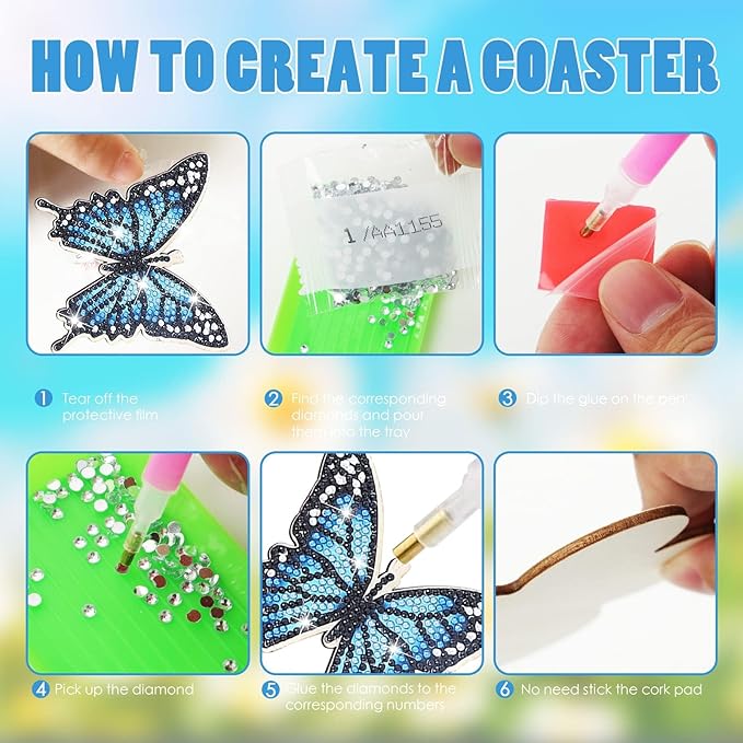10 Pcs DIY Butterfly Diamond Painting Coasters Kit With Holder for Beginners, Adults and Kids - Spring Art Craft Supplies Gift